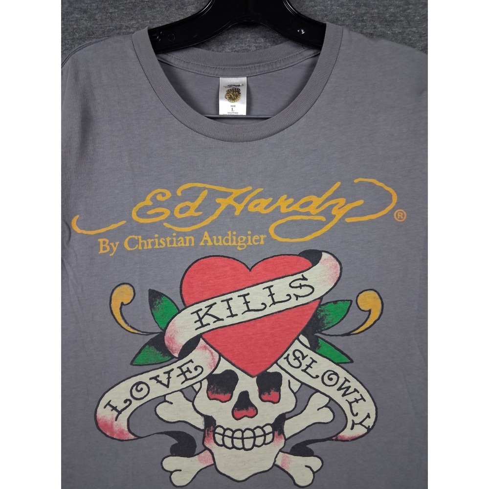 Ed Hardy Adult‎ L Shirt Gray Love Kills Slowly Skull Heart by Christian Audiguer